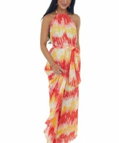 Flying Tomato Lipstick And Deep Lemon Printed Halter Maxi Dress