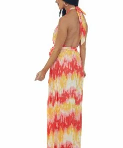 Flying Tomato Lipstick And Deep Lemon Printed Halter Maxi Dress