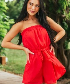 Andree Lipstick Red Shimmer Sleeveless Front Tie Romper