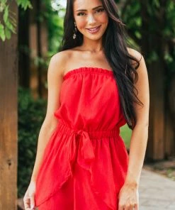 Andree Lipstick Red Shimmer Sleeveless Front Tie Romper
