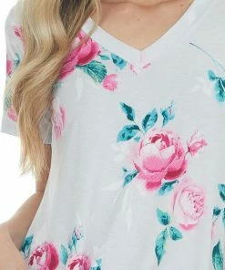 HEIMISH Tops Lunar Grey Floral Print Short Sleeve Top With V Neckline