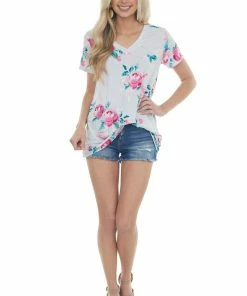 HEIMISH Tops Lunar Grey Floral Print Short Sleeve Top With V Neckline