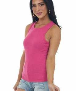 Celeste Design Magenta Basic Ribbed Knit Fitted Tank Top Tops