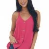FSL APPAREL Tops Magenta Button Up Tank Top With Criss Cross Straps
