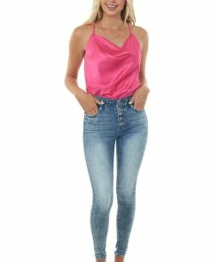 She + Sky Tops Magenta Cowl Neck Racerback Camisole Satin Blouse