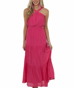 Allie Rose Dresses Magenta Elastic Halter Neck Tiered Maxi Dress