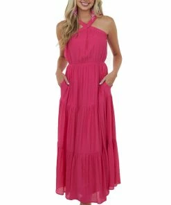 Allie Rose Dresses Magenta Elastic Halter Neck Tiered Maxi Dress