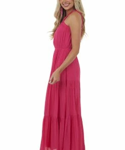 Allie Rose Dresses Magenta Elastic Halter Neck Tiered Maxi Dress