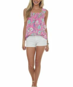 Staccato Magenta Floral Square Neck Sleeveless Blouse Tops