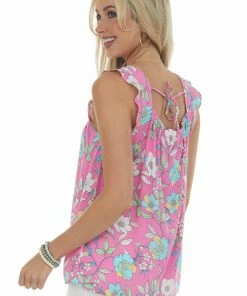 Staccato Magenta Floral Square Neck Sleeveless Blouse Tops
