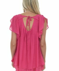 Umgee Magenta Flutter Sleeve Back Tie Ruffle Blouse