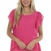 Umgee Magenta Flutter Sleeve Back Tie Ruffle Blouse