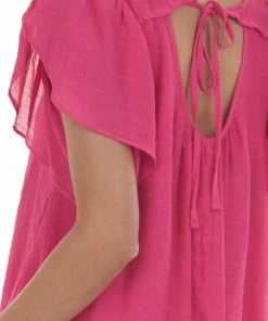 Umgee Magenta Flutter Sleeve Back Tie Ruffle Blouse