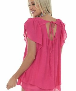 Umgee Magenta Flutter Sleeve Back Tie Ruffle Blouse