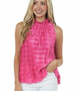 Glam Magenta Frill Halter Neckline Pleated Blouse