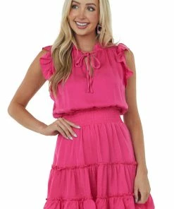 Glam Magenta High Notch Neck Smocked Waist Mini Dress Dresses