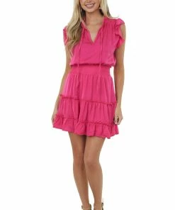 Glam Magenta High Notch Neck Smocked Waist Mini Dress Dresses