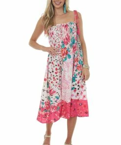 Umgee Dresses Magenta Multi Printed Sleeveless Midi Dress