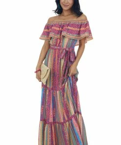 Flying Tomato Magenta Multicolored Striped Off The Shoulder Maxi 13 Flying Tomato Magenta Multicolored Striped Off The Shoulder Maxi