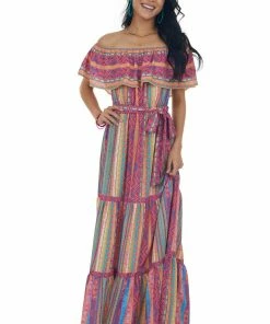 Flying Tomato Magenta Multicolored Striped Off The Shoulder Maxi 14 Flying Tomato Magenta Multicolored Striped Off The Shoulder Maxi