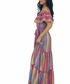 Flying Tomato Magenta Multicolored Striped Off The Shoulder Maxi 15 Flying Tomato Magenta Multicolored Striped Off The Shoulder Maxi