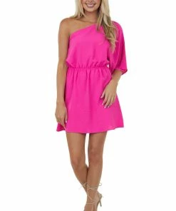 Jodifl Magenta One Shoulder Cinch Waist Mini Dress