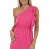 143 Story Magenta One Shoulder Ruffle Woven Mini Dress Dresses