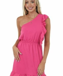 143 Story Magenta One Shoulder Ruffle Woven Mini Dress Dresses