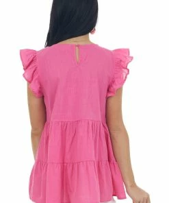 Vanilla Bay Magenta Pintuck Yoke Tiered Babydoll Blouse Tops