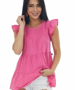 Vanilla Bay Magenta Pintuck Yoke Tiered Babydoll Blouse Tops