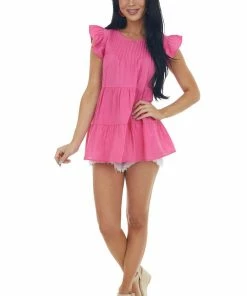 Vanilla Bay Magenta Pintuck Yoke Tiered Babydoll Blouse Tops
