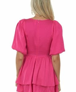 Glam Magenta Plunging V Neck Romper With Puff Sleeves
