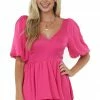 Glam Magenta Plunging V Neck Romper With Puff Sleeves 2 Glam Magenta Plunging V Neck Romper With Puff Sleeves