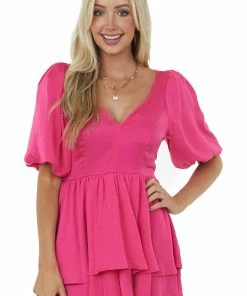 Glam Magenta Plunging V Neck Romper With Puff Sleeves
