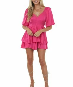 Glam Magenta Plunging V Neck Romper With Puff Sleeves