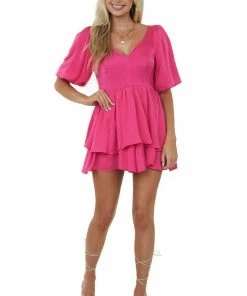Glam Magenta Plunging V Neck Romper With Puff Sleeves