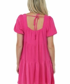 She + Sky Magenta Puff Sleeve Square Neck Tiered Dress Dresses