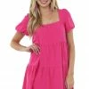 She + Sky Magenta Puff Sleeve Square Neck Tiered Dress Dresses 1 She + Sky Magenta Puff Sleeve Square Neck Tiered Dress Dresses