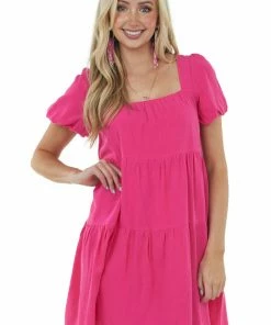 She + Sky Magenta Puff Sleeve Square Neck Tiered Dress Dresses