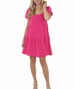 She + Sky Magenta Puff Sleeve Square Neck Tiered Dress Dresses