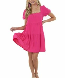 She + Sky Magenta Puff Sleeve Square Neck Tiered Dress Dresses