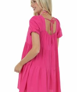 She + Sky Magenta Puff Sleeve Square Neck Tiered Dress Dresses
