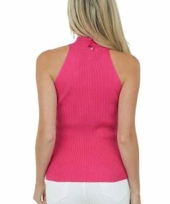 Vine & Love Tops Magenta Ribbed Knit Criss Cross Halter Tank Top