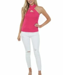 Vine & Love Tops Magenta Ribbed Knit Criss Cross Halter Tank Top