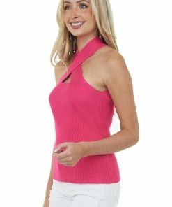 Vine & Love Tops Magenta Ribbed Knit Criss Cross Halter Tank Top