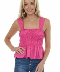 Glam Tops Magenta Ruched Square Neck Peplum Tank Top