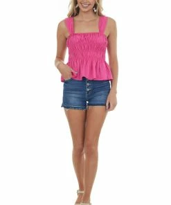 Glam Tops Magenta Ruched Square Neck Peplum Tank Top