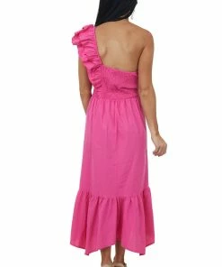 Umgee Magenta Ruffle One Shoulder Ruched Midi Dress
