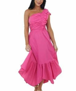 Umgee Magenta Ruffle One Shoulder Ruched Midi Dress