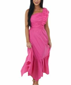 Umgee Magenta Ruffle One Shoulder Ruched Midi Dress
